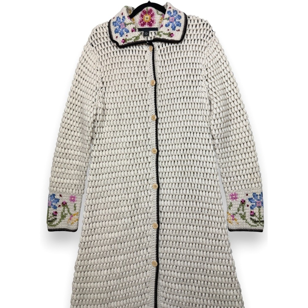 Lucky Brand VTG Wool Crochet Knit Long Cardigan Sweater Coat Duster‎ Womens XL - Picture 2 of 12